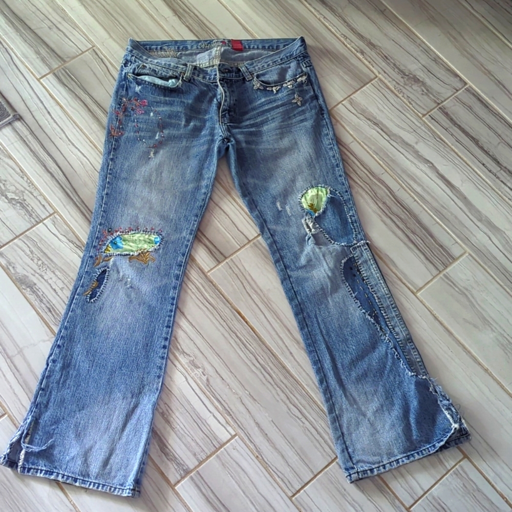 Distressed y2k patchwork beaded bell bottom jeans